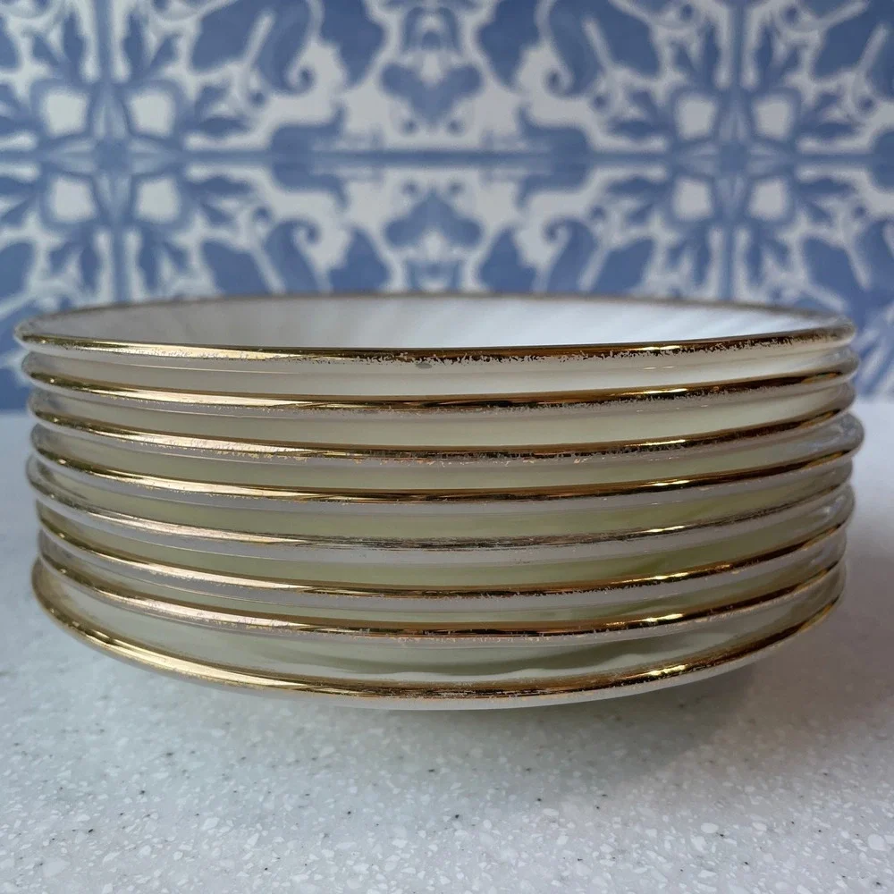 Fire-King Swirl Milk Glass Saucers Gold Trim White Set of 8 Vintage 5.75 inch